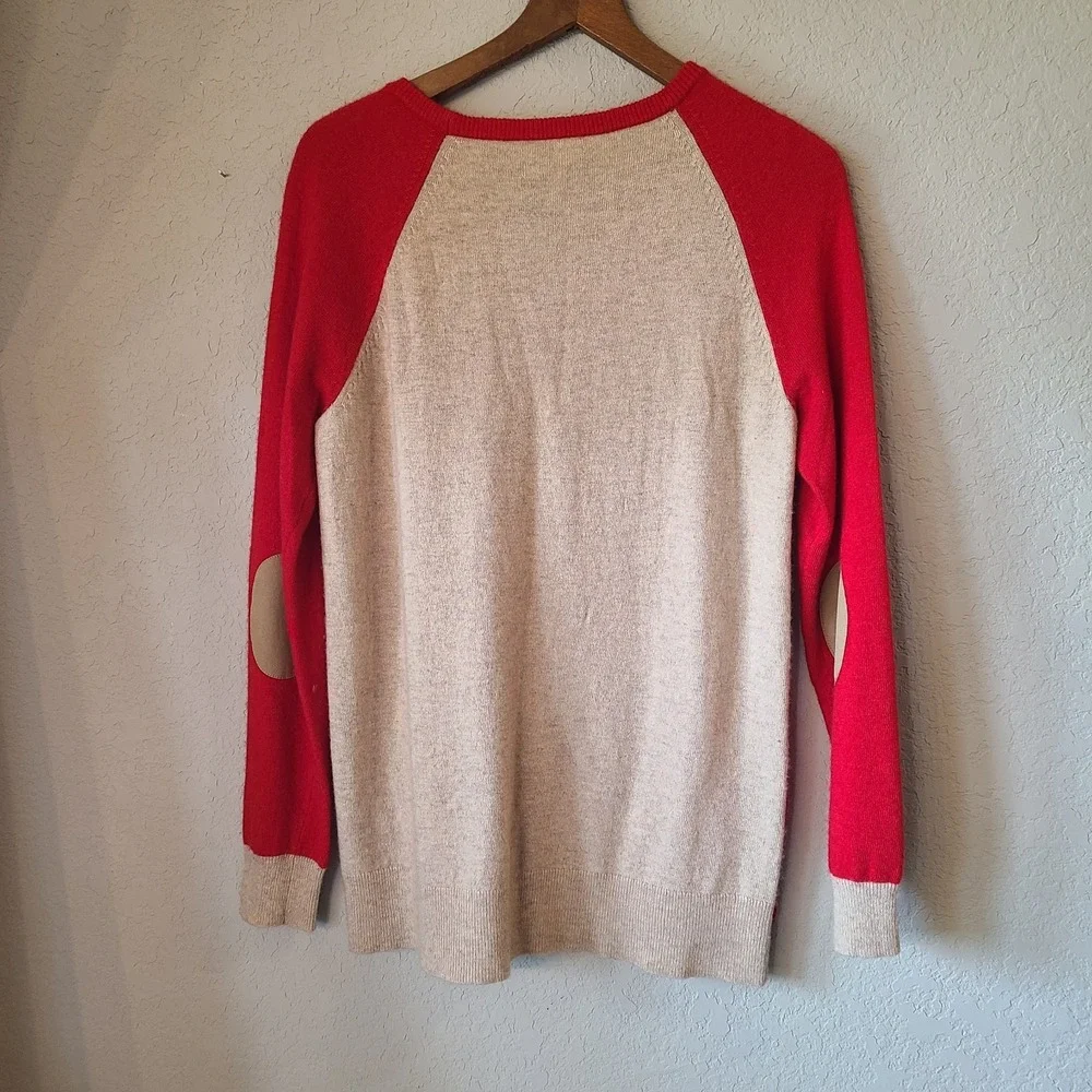 J. Crew Womens Elbow Patch Wool Blend Red/Tan Crew‎ Neck Pullover Size M